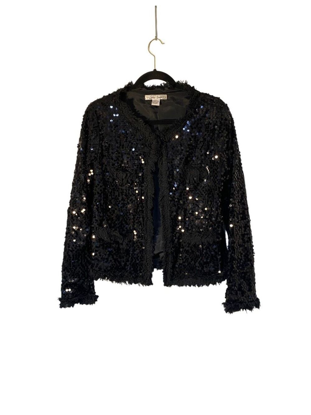 VTG Sans Sorel women’s black sequin glitter fringe trim fully lined cardigan L